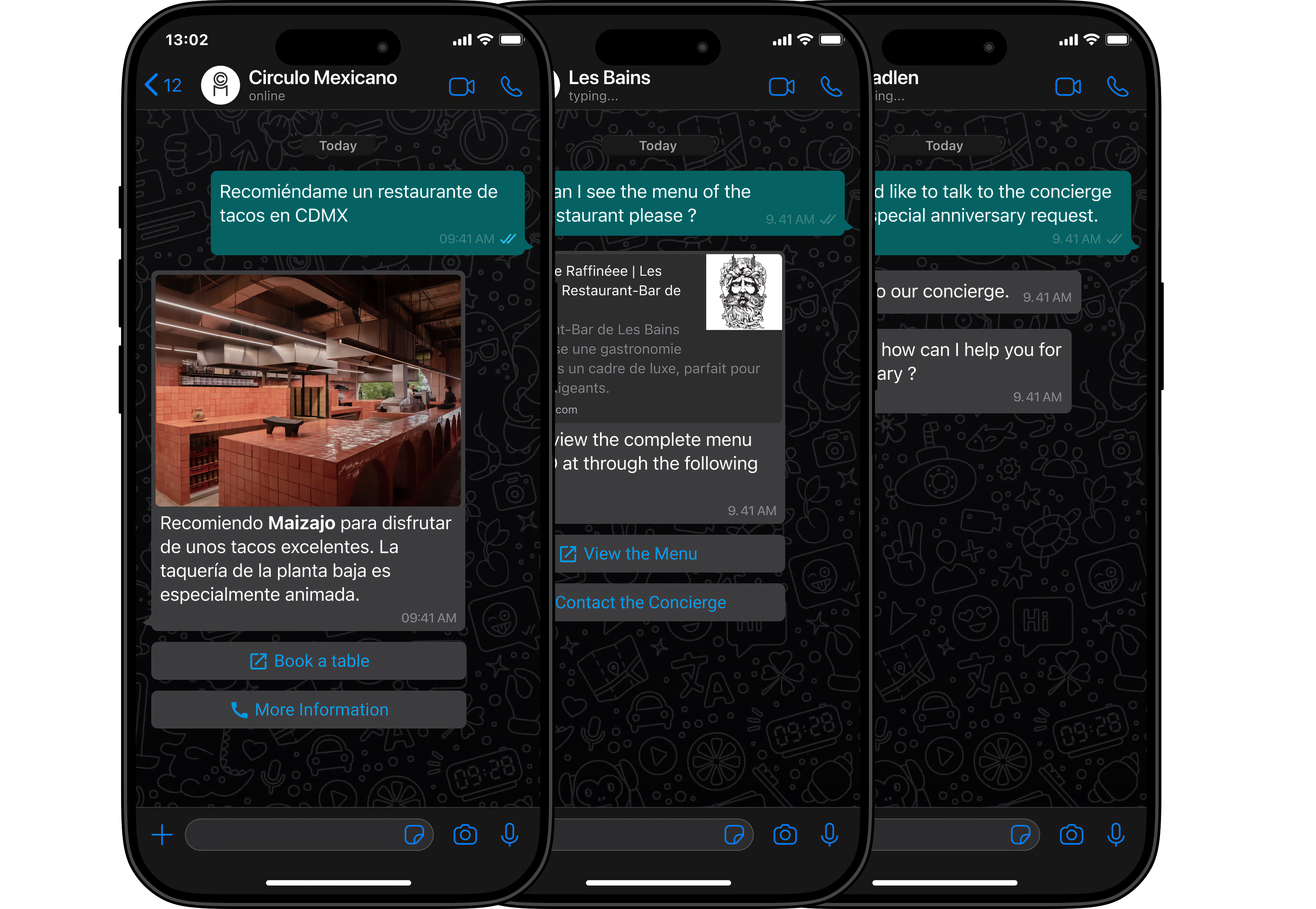 Hotel AI concierge on WhatsApp handling restaurant booking, menu requests, concierge assistance, and in-chat actions integrated with Opera Cloud, Mews, SALTO, Stripe, Zenchef.